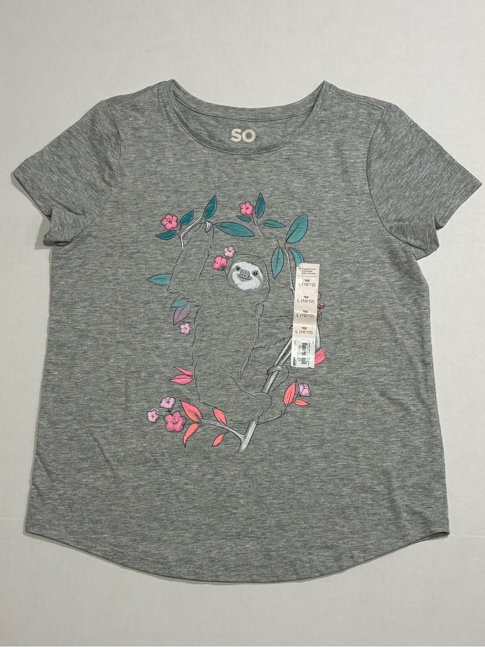 SO Girls Sloth Graphic Tee Gray Crew Neck Short Sleeve Size L (10/12)